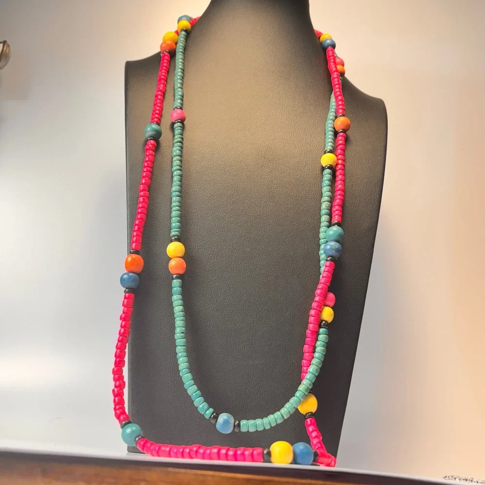 Wooden Bead Necklace Set Multicolor Tassel Boho Statement Layered 3pcs